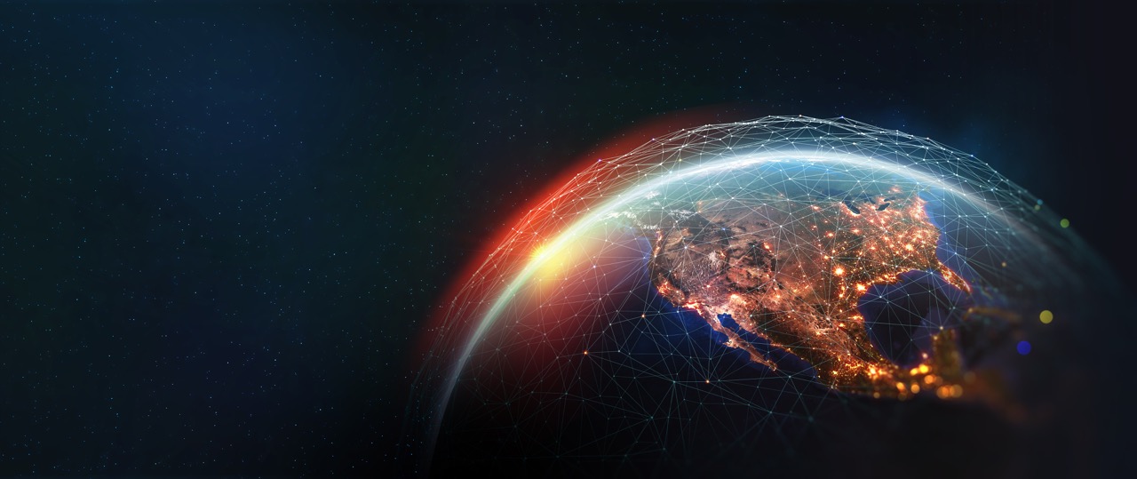 Earth view from space. Global network. Blockchain technology. 