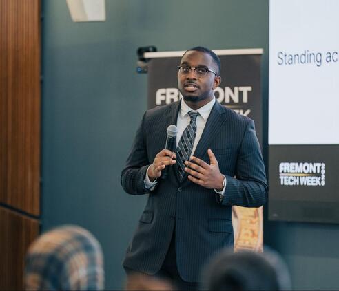 SFBU Startup Scholar Malik Harouna presents at Fremont Tech Week 2026.