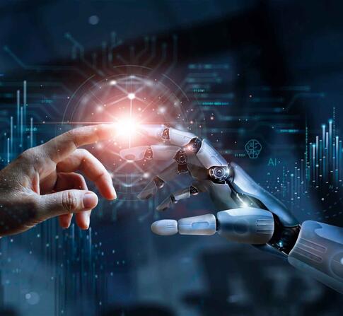 AI, Machine learning, Hands of robot and human touching on big data network connection, Data exchange, deep learning,