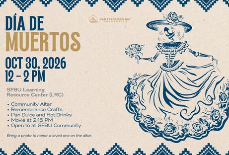 Flyer showing details of Dia de muertos event. Paper textured background with graphic of a skeletal woman in a dress representing the dead