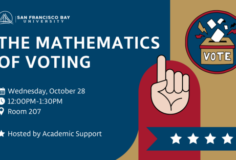 The mathematics of Voting poster shows a blue, brown, and red graphic. It includes icons of a voting ballot box, stars representing voting, and the SFBU Logo