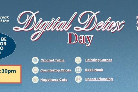 Digital Detox Poster with blue background, and white and red text