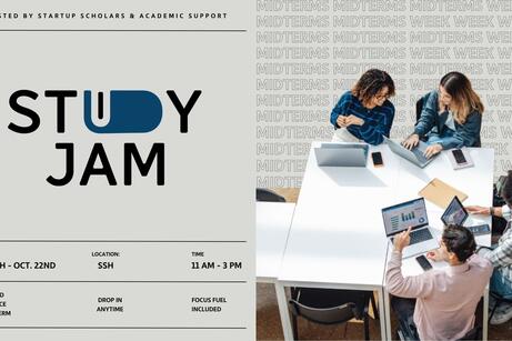 Poster with the Study Jam logo, U & D made of a book. Students sit at a table in a group studying with text "Midterms" behind them
