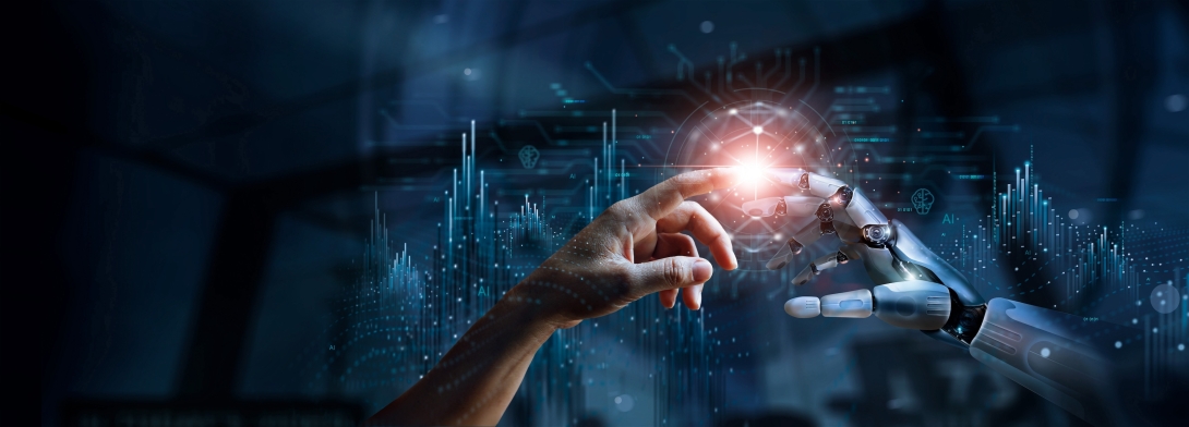 AI, Machine learning, Hands of robot and human touching on big data network connection, Data exchange, deep learning,