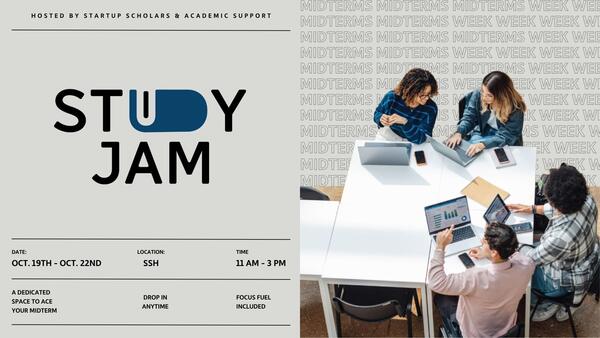Poster with the Study Jam logo, U & D made of a book. Students sit at a table in a group studying with text "Midterms" behind them