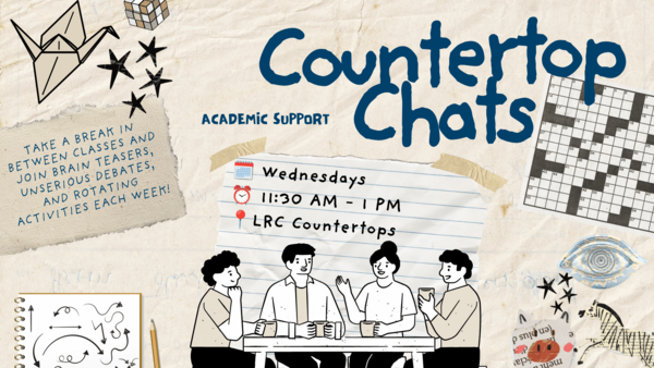 Scrapbook style image of students at a tabel surrounded by crosswords, origami, and starts.