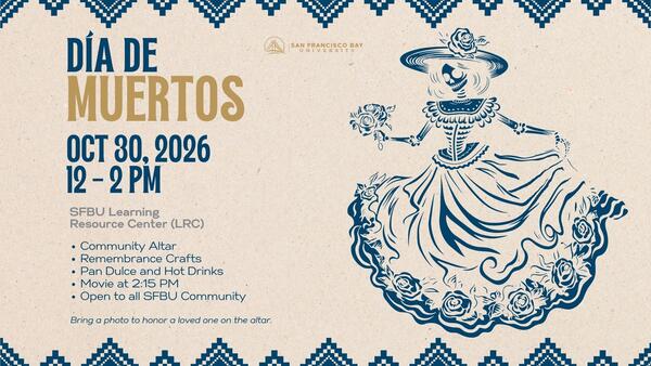 Flyer showing details of Dia de muertos event. Paper textured background with graphic of a skeletal woman in a dress representing the dead