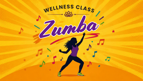 Orange and yellow graphic of woman dancing with text "Zumba". Music notes throughout poster