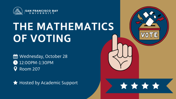The mathematics of Voting poster shows a blue, brown, and red graphic. It includes icons of a voting ballot box, stars representing voting, and the SFBU Logo