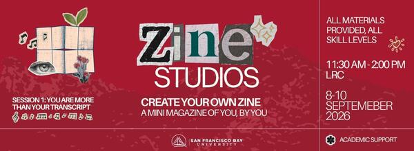 Zine studios poster with graphics of zine and cutouts