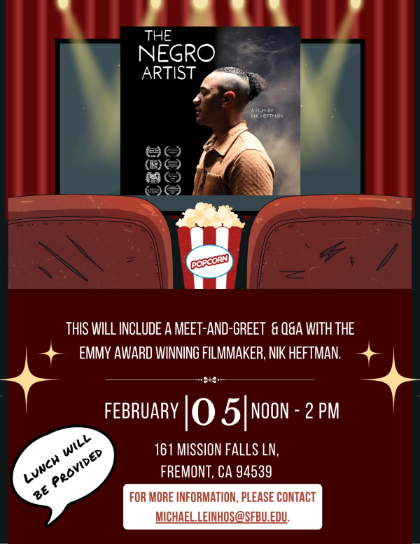 Promotional flyer for a film screening of The Negro Artist. The image shows a movie theater scene with red seats and a popcorn bucket, and a film poster featuring a side-profile portrait of a man. Text announces a screening with a meet-and-greet and Q&A with Emmy Award–winning filmmaker Nik Hedtman on February 5 from noon to 2 PM at 161 Mission Falls Lane, Fremont, California. Lunch will be provided, and contact information is michael.leinhos@sfbu.edu