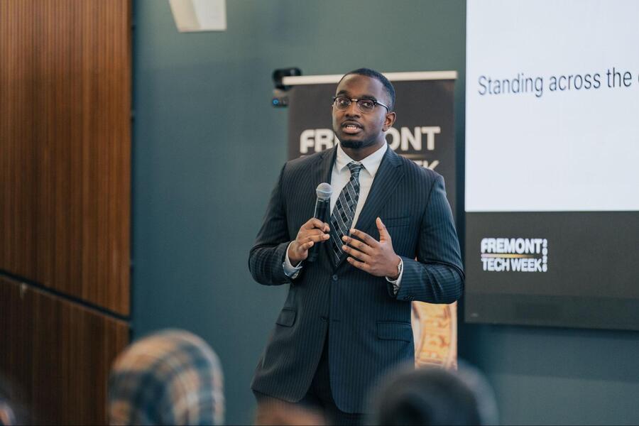 SFBU Startup Scholar Malik Harouna presents at Fremont Tech Week 2026.
